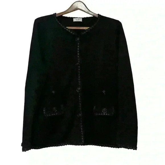 Weill black 100% wool cardigan with Rose front Buttons & Pockets *read Descripti - Picture 1 of 13